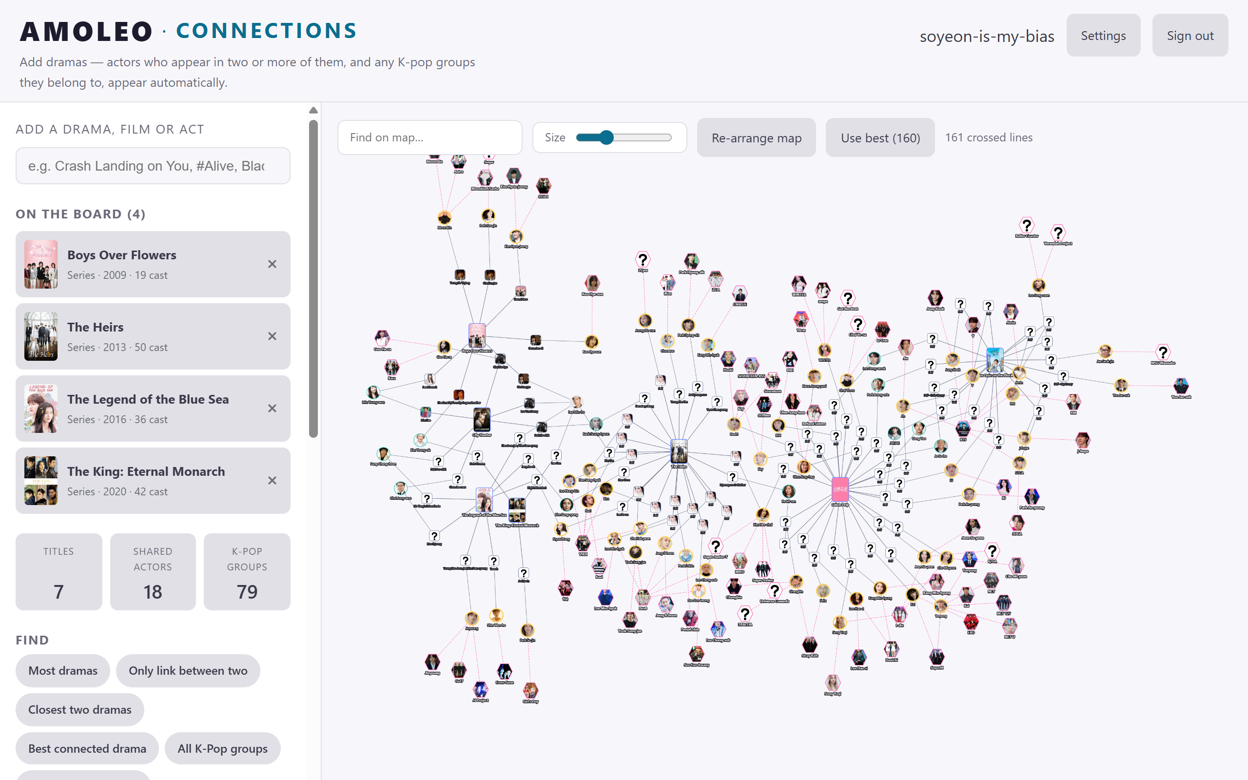 The Amoleo Connections map: a four-drama board with Lee Min-ho expanded outward to three more of his titles, branching out through co-stars and K-pop group nodes